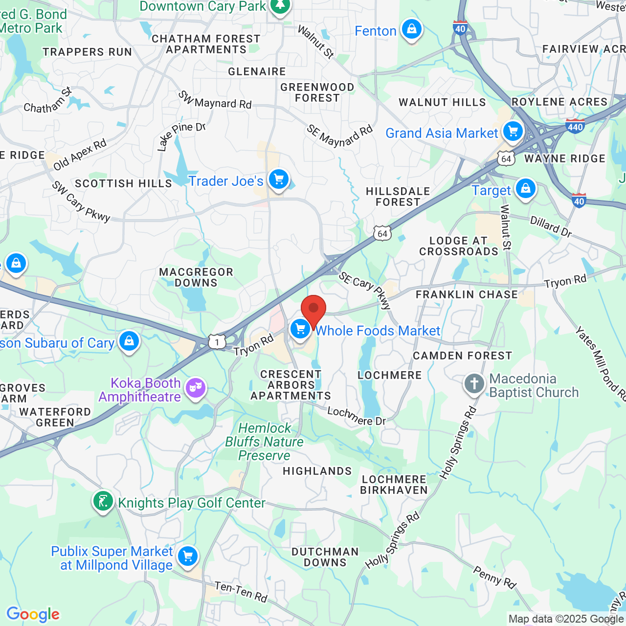Google map image of our location in 580 New Waverly Pl Cary, NC